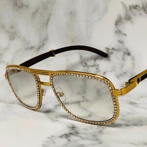 Men Women Sunglasses Fashion Retro Gold Frame Clear‎ Lens Diamond Square Shades